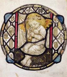 Entwurf für Buntglasfenster eines Putto, der Flöte spielt